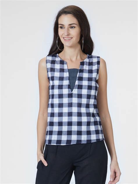 Get Navy Chequered Sleeveless Top at ₹ 489 | LBB Shop