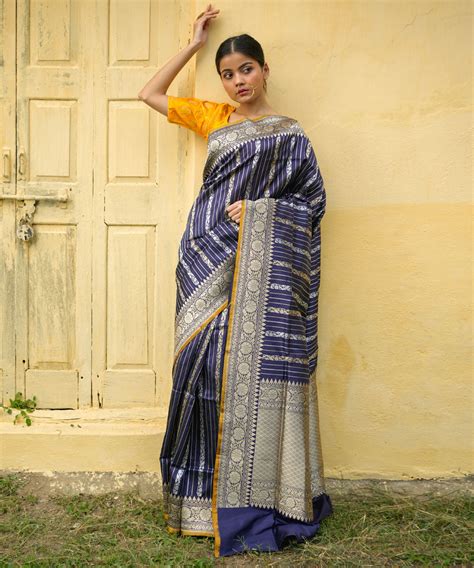 Royal blue striped silk handwoven banarasi saree – GoSwadeshi