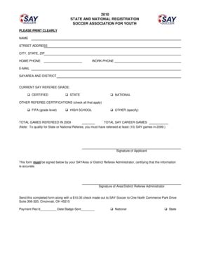SAY Soccer Referee Registration Form - Blank Fillable Template | Fill ...