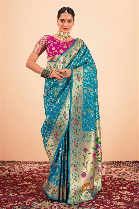 Rama Blue Floral Zari Weaving Pure Silk Paithani Saree