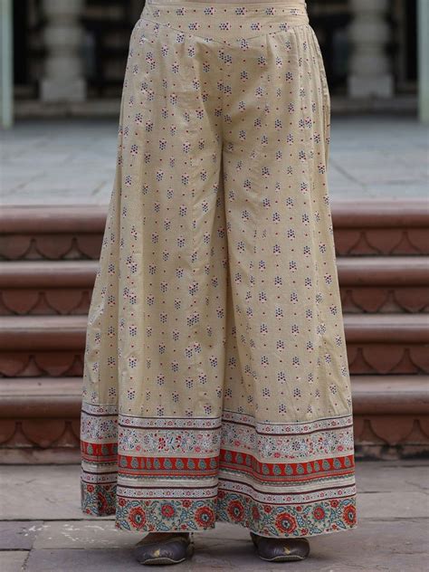 Beige Ethnic Motif Printed Cotton Kurta Sharara Set Juniper Fashion