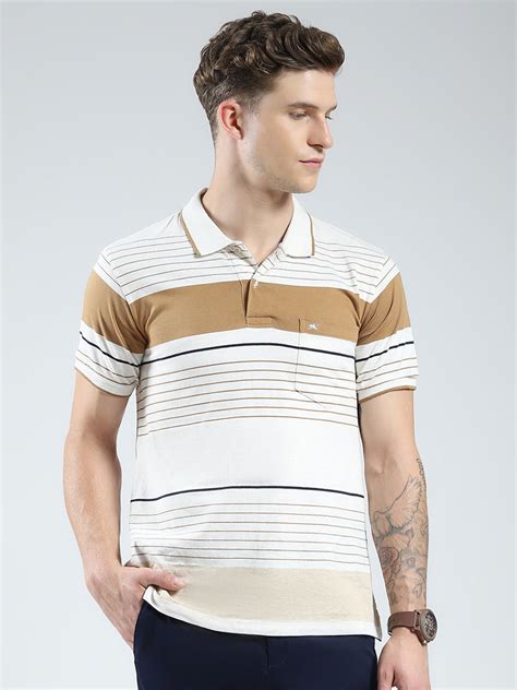 Buy Men Camel Brown Stripe Collar Half Sleeve T-Shirt Online in India ...