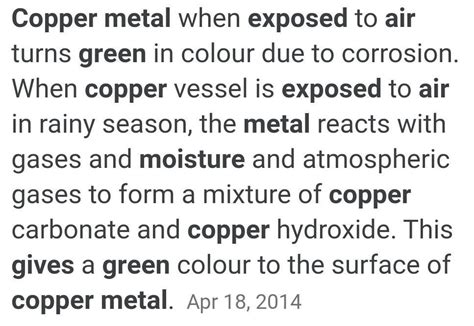 Copper coated with green layer when exposed to moist air. Give reason ...