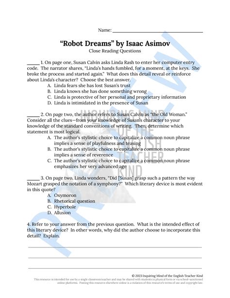 "Robot Dreams" by Isaac Asimov Close Reading Worksheet | Teaching Resources