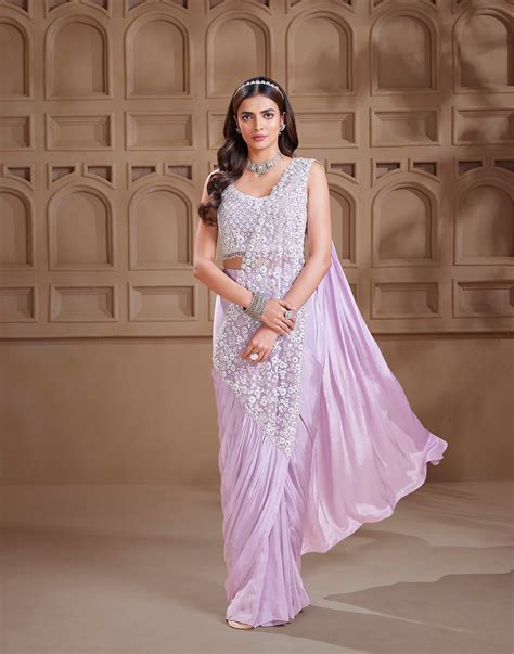 Check out the Lavender Mist Embellished Pre-Stitched Saree – Roopkala