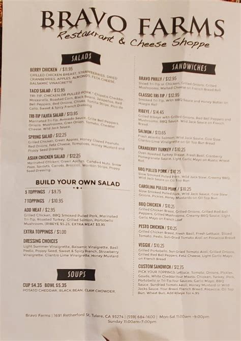 Menu at Bravo Farms Restaurant, Tulare
