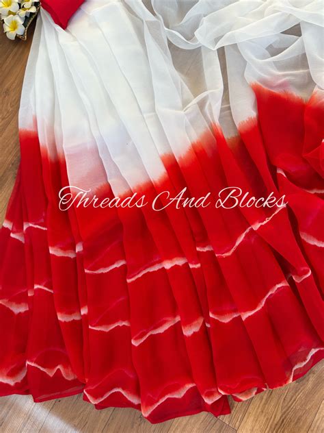 Red White Ripple Saree – Threads & Blocks