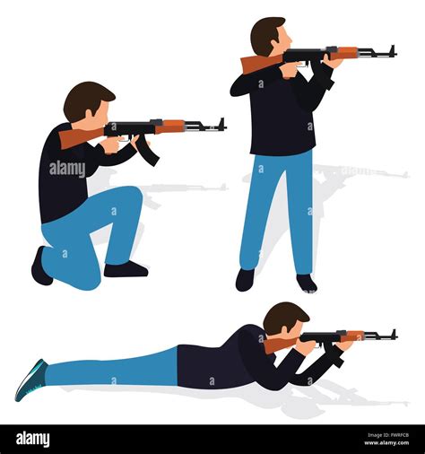 Four figures in action, including a man with a top knot crouching and shooting, a figure in a green