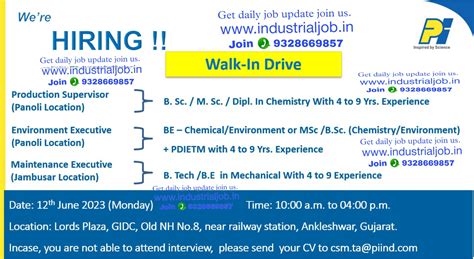 PI industries Ltd Panoli Ankleshwar Jambusar Walk in interview 12th ...