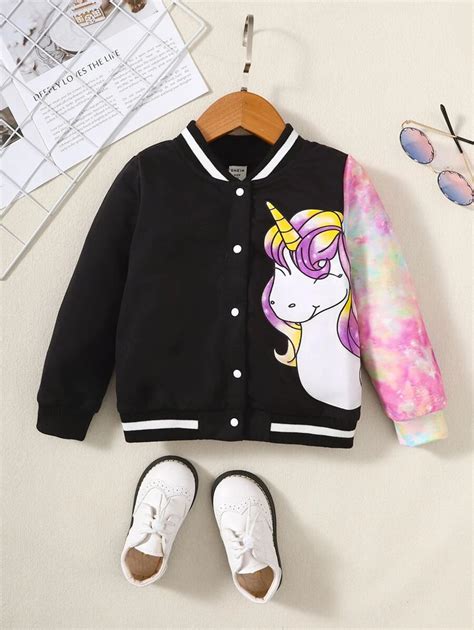 Toddler Girls Tie Dye Unicorn Print Striped Trim Varsity Jacket | SHEIN USA