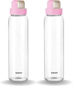 BOROSIL Crysto Borosilicate Glass Water Bottle with Pink Lid, Wide ...