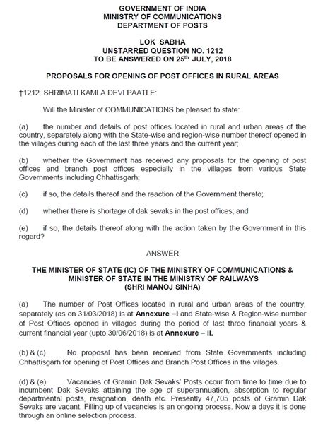 Proposals for opening of Post Offices in Rural Areas : Lok Sabha Q&A ...
