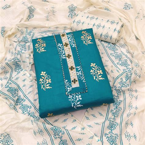 Blue Printed Pure Cotton Dress Material