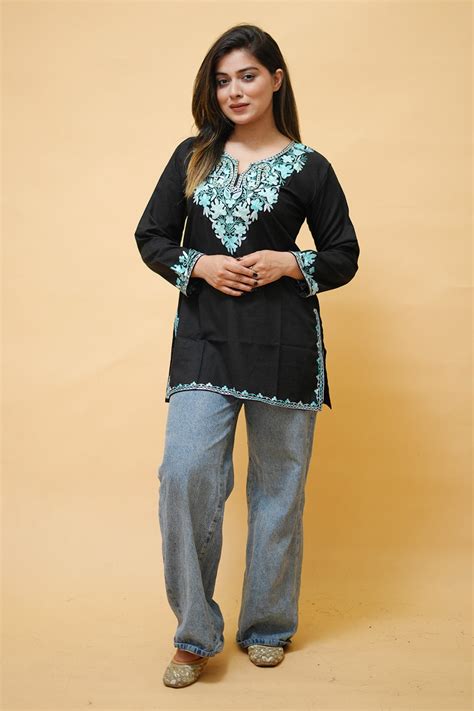 Black cotton aari work kurti with multicoloured neckline embroidery
