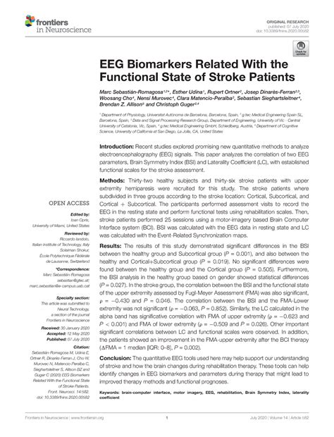EEG Biomarkers Related With the Functional State of Stroke Patients ...