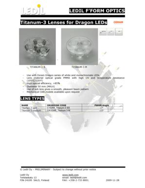 Fillable Online LEDIL F'FORM OPTICS Titanum-3 Lenses for Dragon LEDs ...