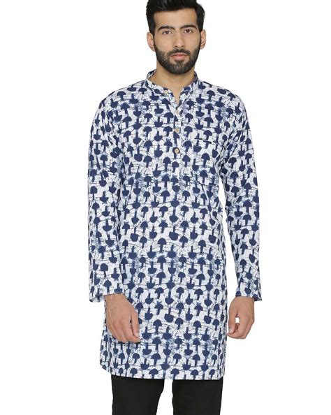 Buy Navy Blue WINTAGE Printed Kurta with Band Collar | AJIO