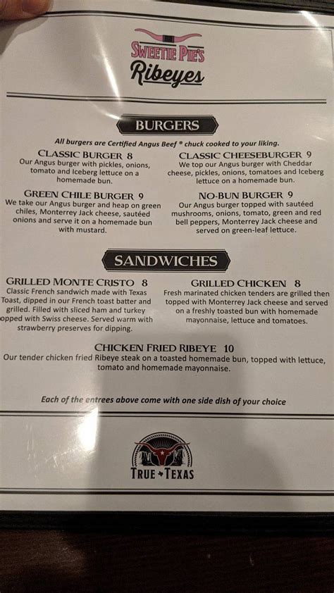 Menu at Sweetie Pie's Ribeyes steakhouse, North Richland Hills