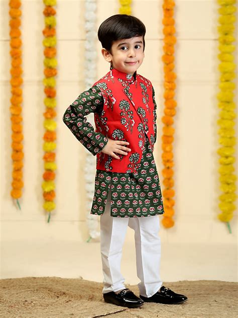 Buy Lal Paridhan Floral Print Jacket and Kurta Pajama Set for Boys ...