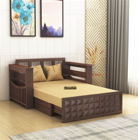 WOODLAB Furniture Sheesham Wood 2 Seater Sofa Cum Bed with Cushions and ...