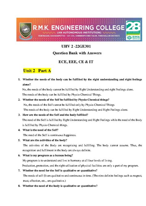 Unit 2 Question Bank with Answers - UHV 2 - 22GE Question Bank with ...