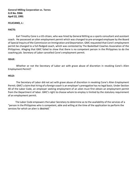 Labor Law Cases - General Milling Corporation vs. Torres G No. 9366 ...