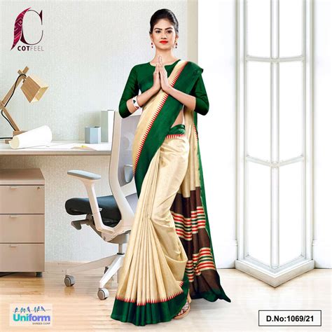 Beige Bottle Green Gala Border Premium Polycotton Cotfeel Saree For An ...
