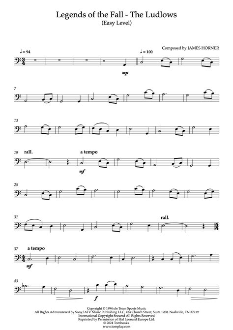 Legends of the Fall - The Ludlows (Easy Level) (Horner (James)) - Cello ...
