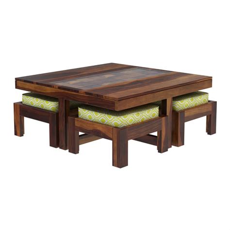 Buy Antilia Modern Sheesham Wood Square Coffee Table with 4 Stools ...