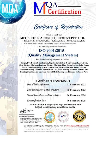 Certificate in field of Shot Blasting Equipments