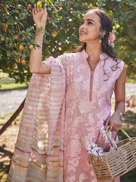 Buy Akaar:Awning Stripes Jacquard Floral Unstitched Suit Set Online ...