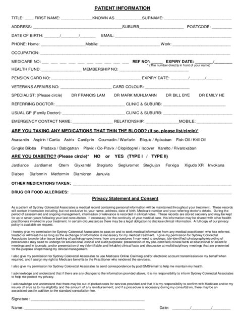 Fillable Online Sydney Colorectal Associates Patient Information Form ...