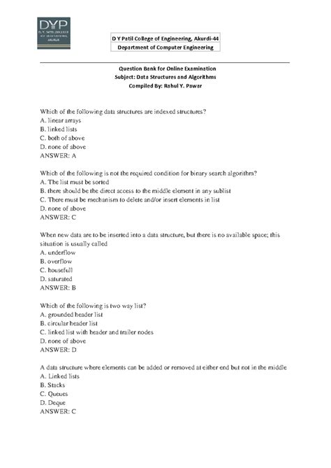 DSA 101 - MCQ Question Bank on Data Structures & Algorithms - Studocu