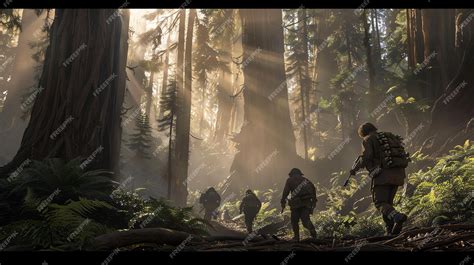 Small group of soldiers walking through a dense forest The soldiers are ...