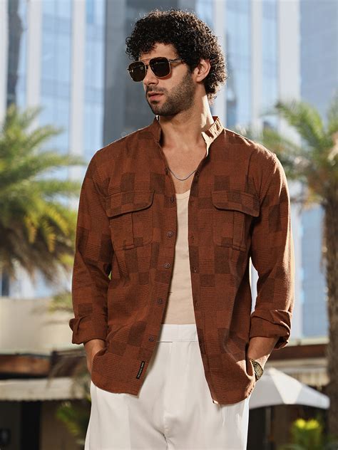 ₹899 | Campus Sutra Men's Russet Brown Mandarin Utility Shirt - Campussutra