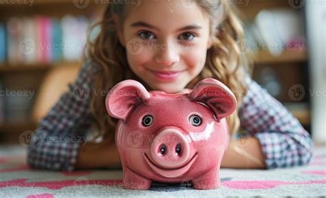 Cute little girl saving money in piggybank 46369081 Stock Photo at Vecteezy