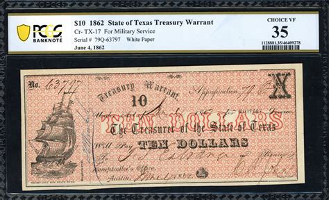 Jun. 4, 1862 Austin, Texas Treasury Warrant Military Issue $10 Note ...