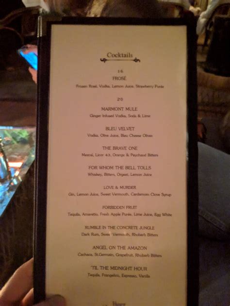 Menu at Chateau Marmont restaurant, Los Angeles, Sunset Blvd