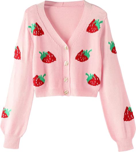 MakeMeChic Women's Strawberry Print Long Sleeve Button Down Cropped ...