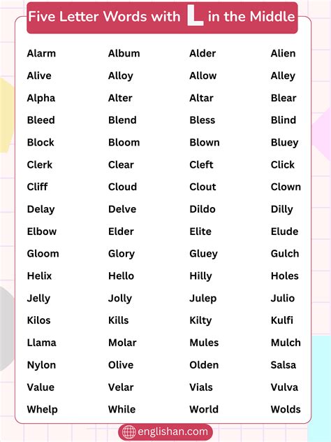 210 Five Letter Words with L in the Middle | Full List