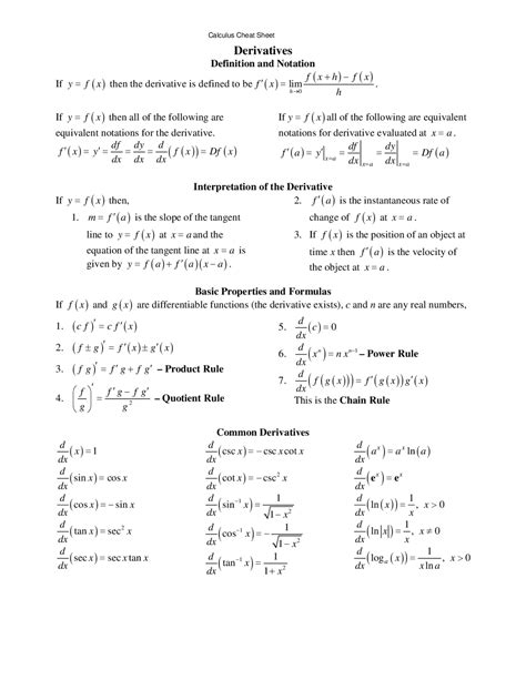 Multivariable Calculus Cheat Sheet