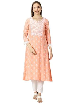 saffron threads Pastel Peach Floral Print Rayon Kurta with Chikankari ...