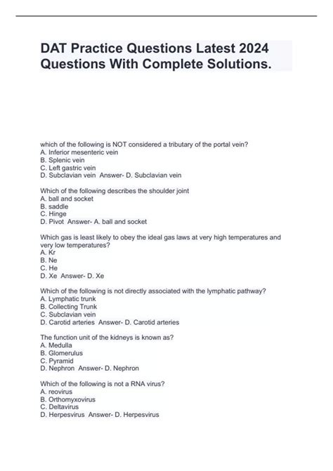 DAT Practice Questions Latest 2024 Questions With Complete Solutions ...