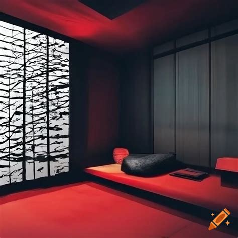Japanese house interior with gray, black, and red colors