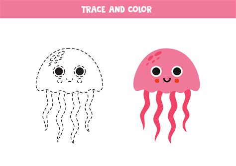 Trace and color cartoon pink jelly fish. Worksheet for children. 18995363 Vector Art at Vecteezy