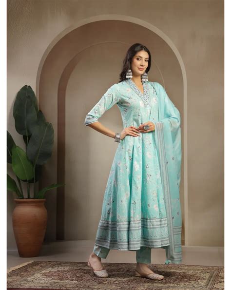 Women Turquoise Color Printed Cotton Fabric Anarkali Kurta Set – indistring