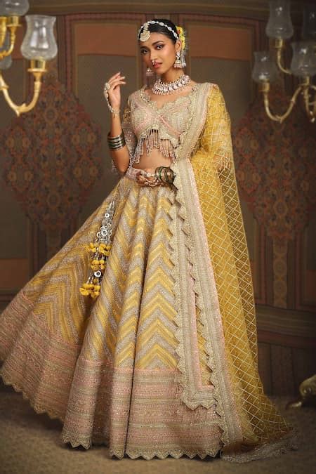 Buy Yellow Silk Chanderi Embroidery Gota Chevron Maze Dori Bridal ...