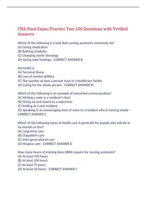 CNA Final Exam/Practice Test 100 Questions with Verified Answers,100% ...