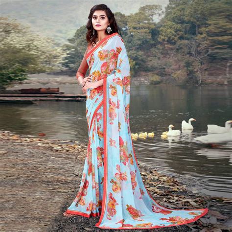 Blue Casual Wear Floral Printed With Lace Border Weightless Georgette Saree