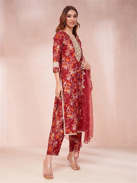 Maroon Floral Print Sequins Work Straight Kurta Trouser And Dupatta Se ...
